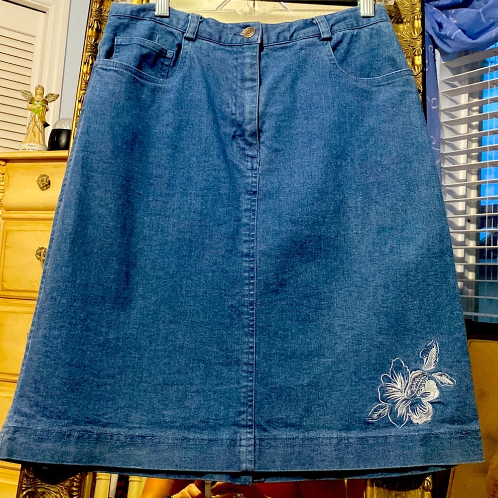 Denim skirt, size 8, Rafaella, 100% cotton with white floral stitching accents